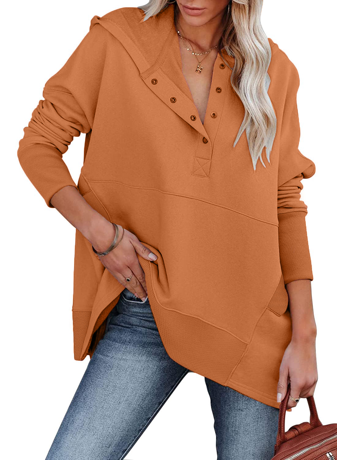 Women's Oversized Button Collar Long Sleeve Sweatshirt With Pocket (BUY 2 10% OFF)