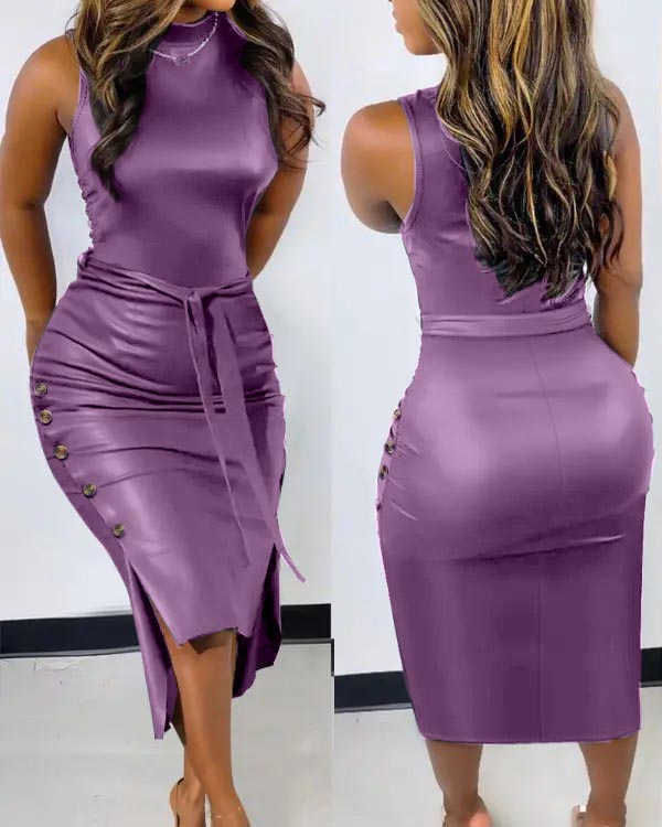 Buttoned Split Hem PU Leather Tie Waist Bodycon Dress