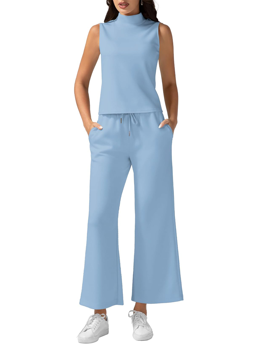 Women's Mock Neck Sleeveless Tank Top & Wide Leg Pants 2 Piece Lounge Sets