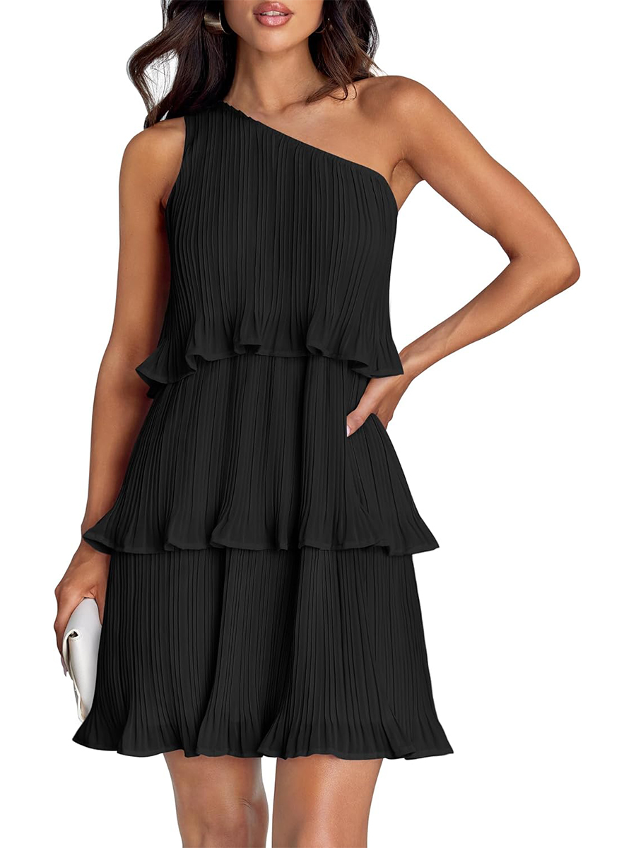 Women's Summer One Shoulder Ruffle Tiered Layered Chiffon Flowy A Line Dress
