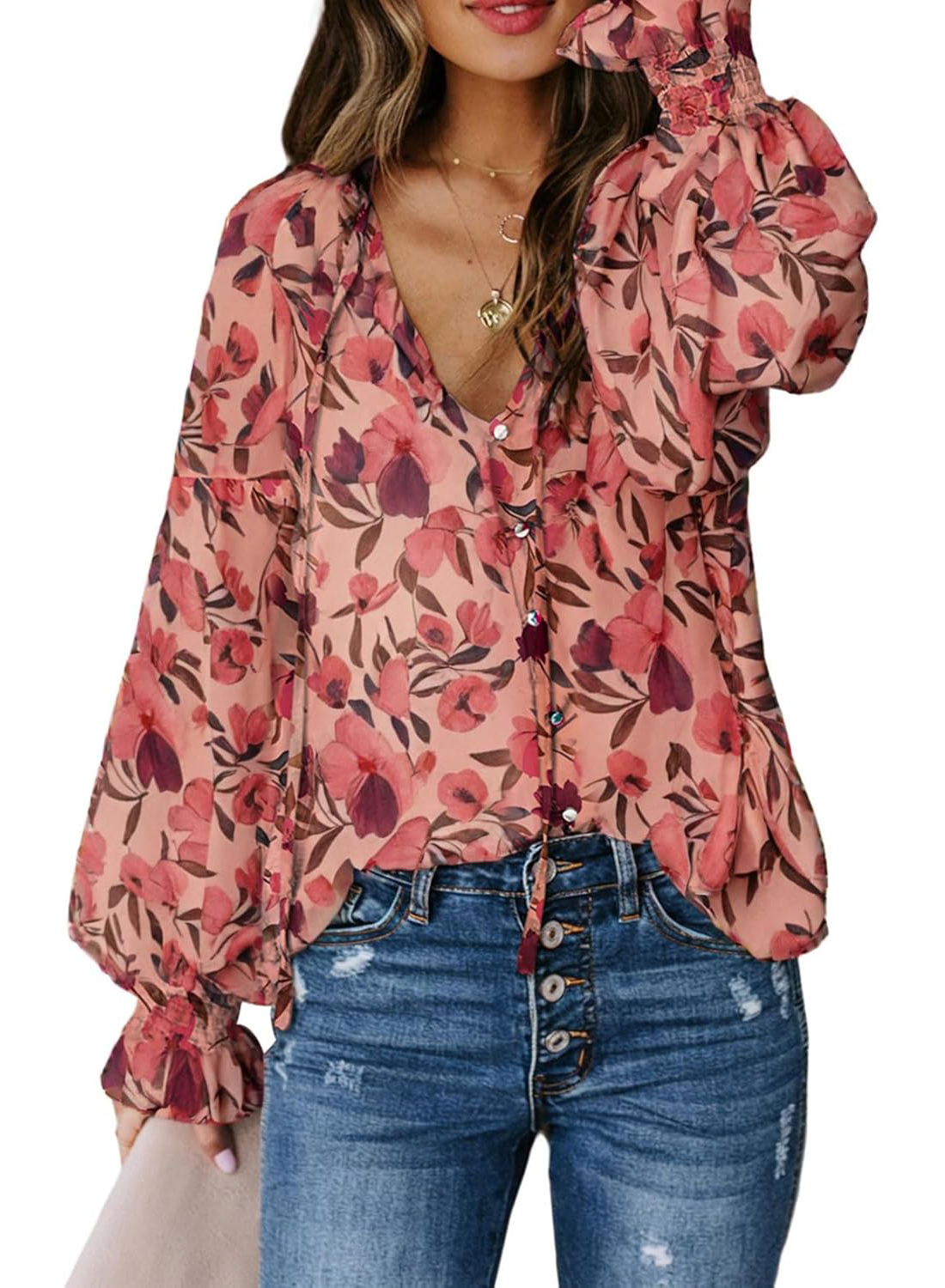 Women's Boho Floral Print V Neck Long Sleeve Drawstring Button Blouses
