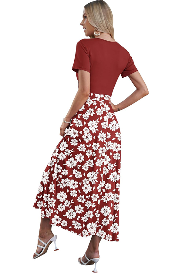 Women's V Neck Floral Print Beach Long Flowy Dress with Pockets