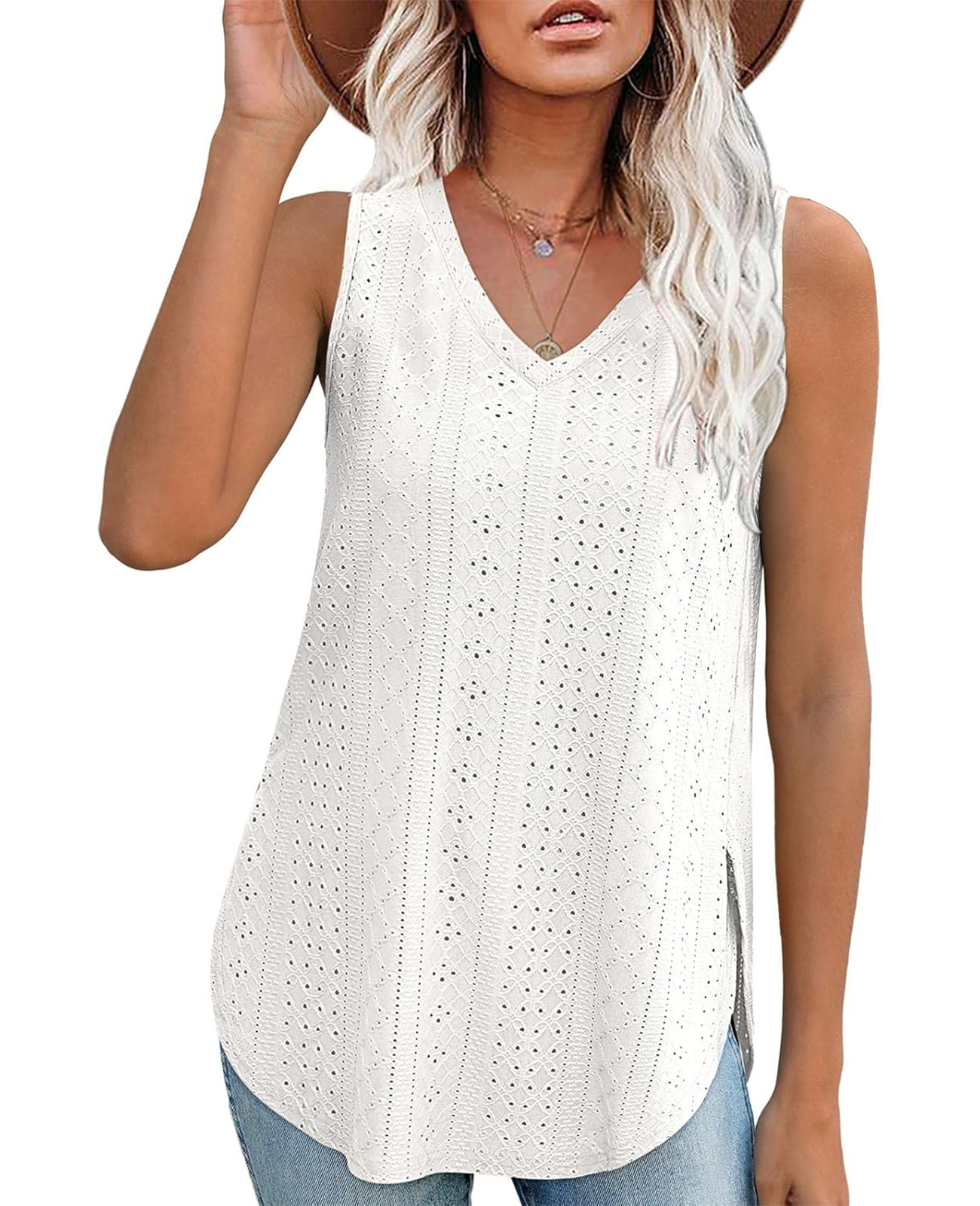 HOT SALE Women's V Neck Eyelet Embroidery Casaul Sleeveless Tank Tops