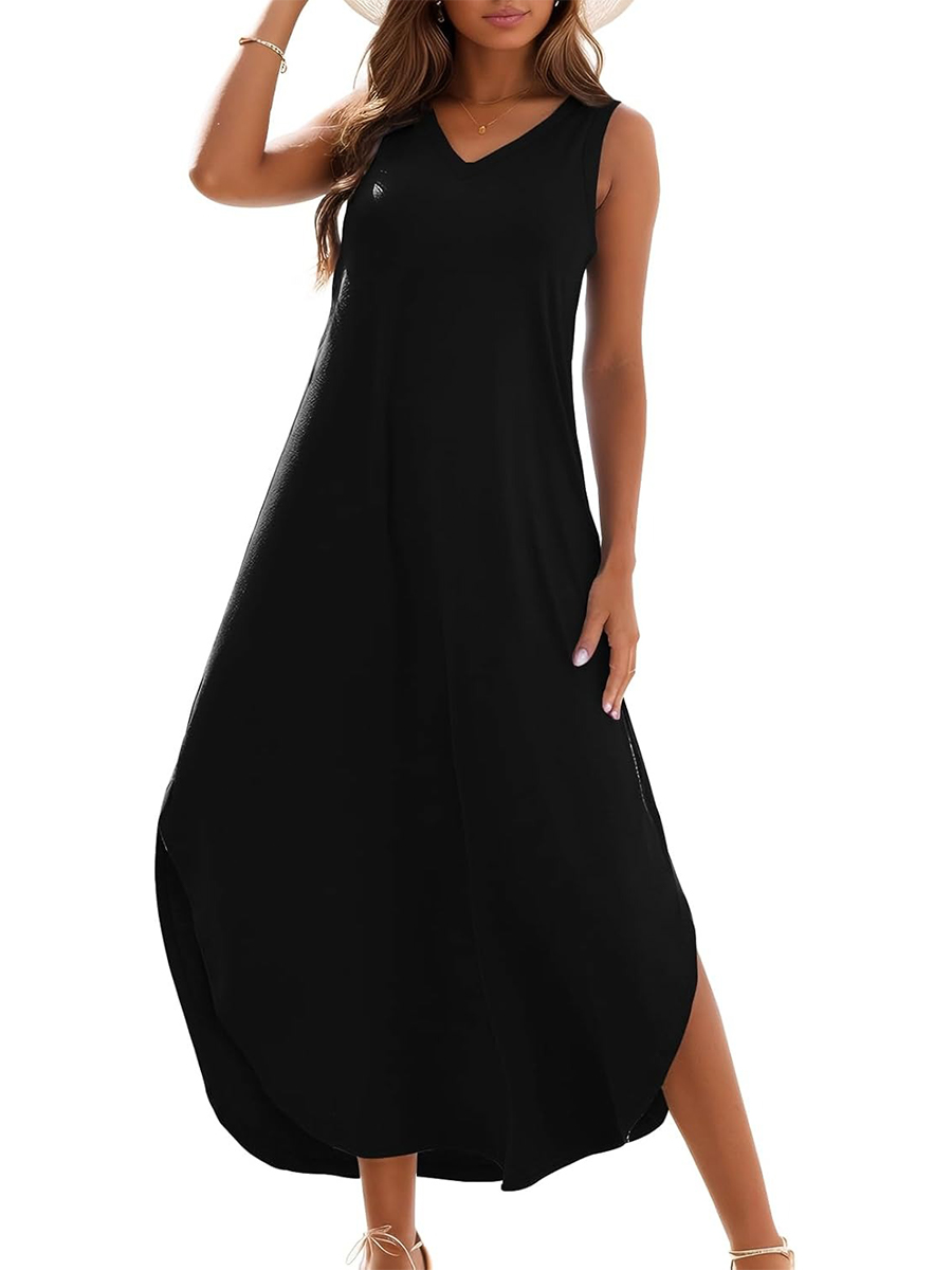 Women's Summer Casual Loose Sleeveless V Neck Split Tank Long Dress with Pockets