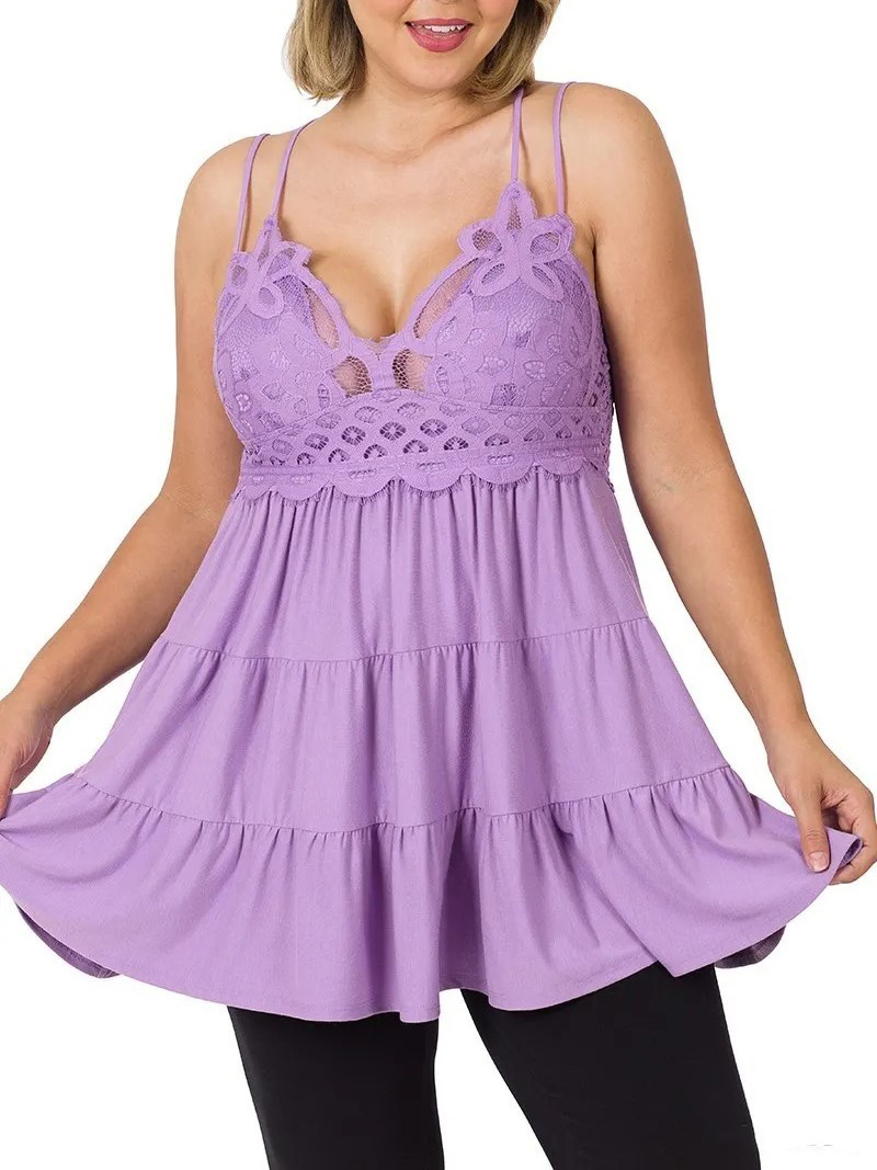 Women's Crochet Lace Ruffle Cami Tiered Ruffle Dress with Pads