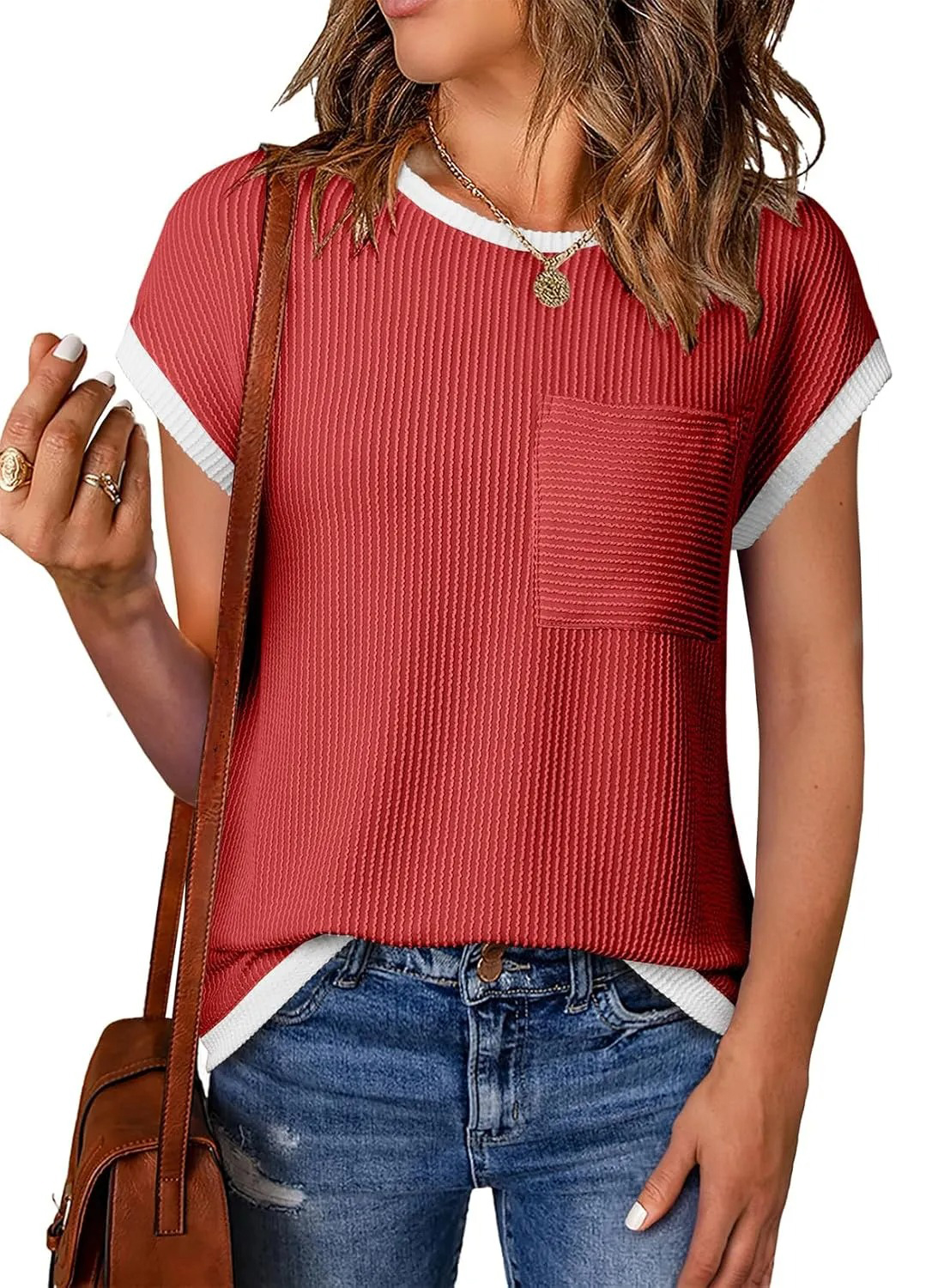HOT SALE Women's Short Sleeve T Shirts Crewneck Color Block Ribbed Knit Tee