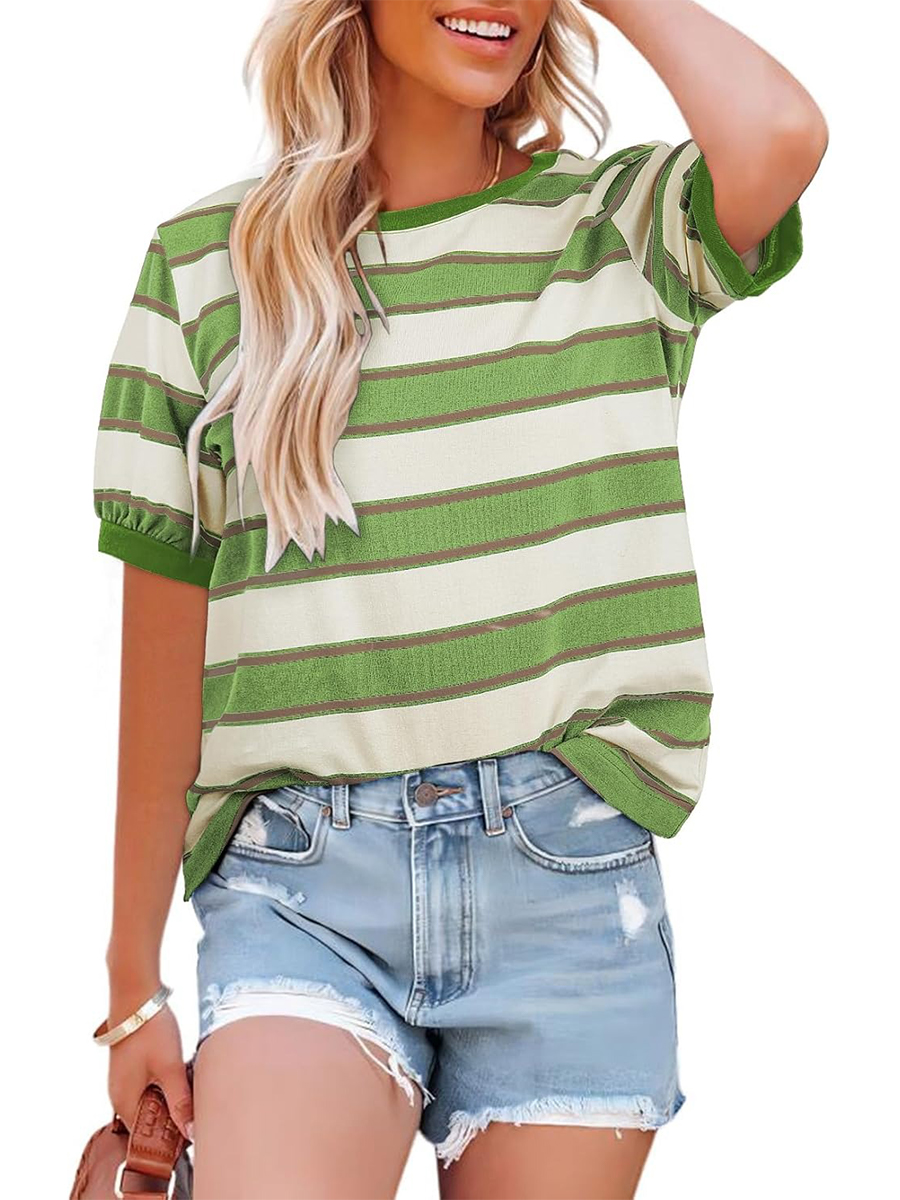 HOT SALE Women's Striped Color Block Short Sleeve T-Shirts Casual Loose Basic Tee