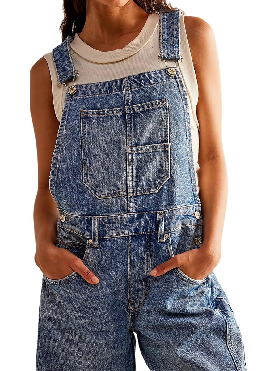 HOT SALE Women's Denim Bib Overalls Barrel Leg Adjustable Strap