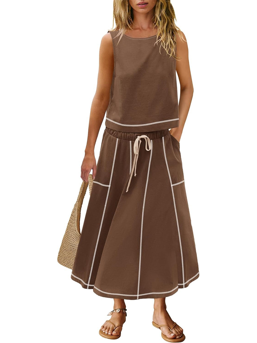 Women's Casual Seam Tank Top and Drawsting Pockets Skirt 2 Piece Set