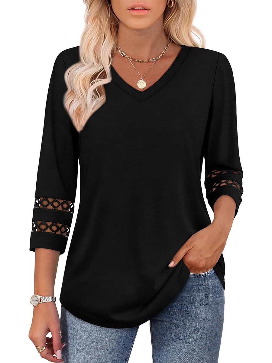 Women's Dressy Casual V Neck Hollow 3/4 Length Sleeve Tops