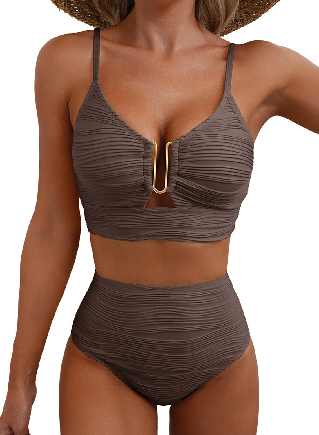 Women's U-Wire Cutout Swimsuit High Waisted Textured 2 Piece Bikini Set 