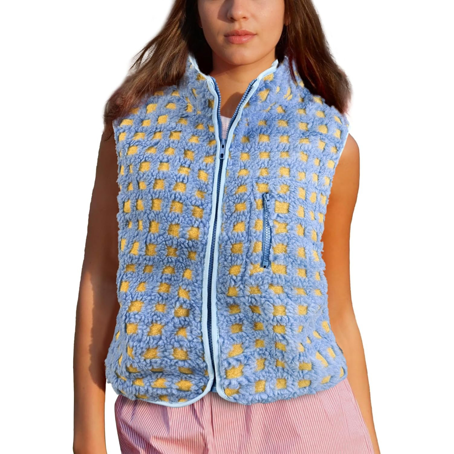 Women's Trendy Plaid High Neck Sherpa Zipper Vest Fleece Jacket