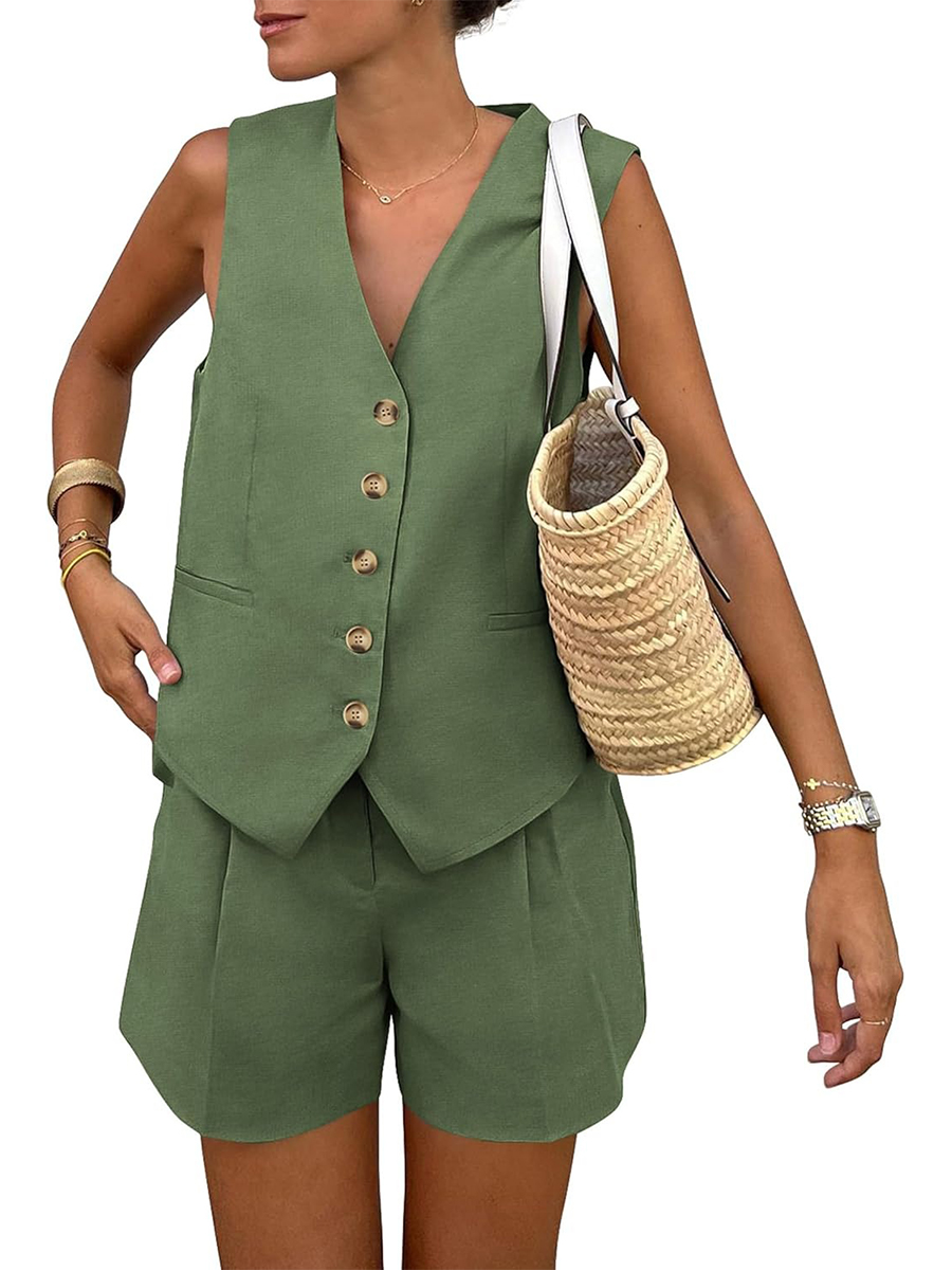 Women's Sleeveless Matching Sets Button Down V Neck Vest Waistcoat and Pockets Shorts