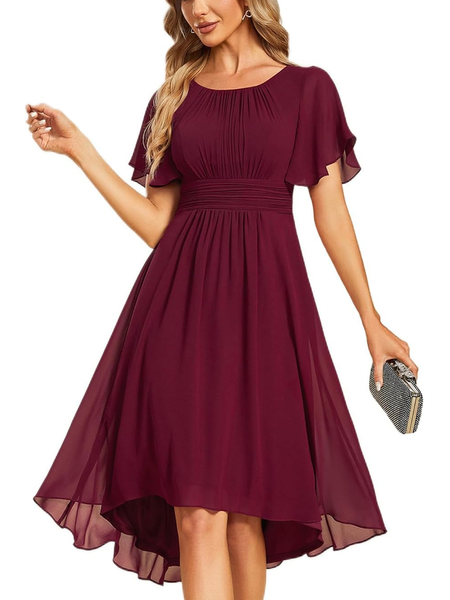 Women's Crew Neck Pleated Ruffle Short Sleeve Dress