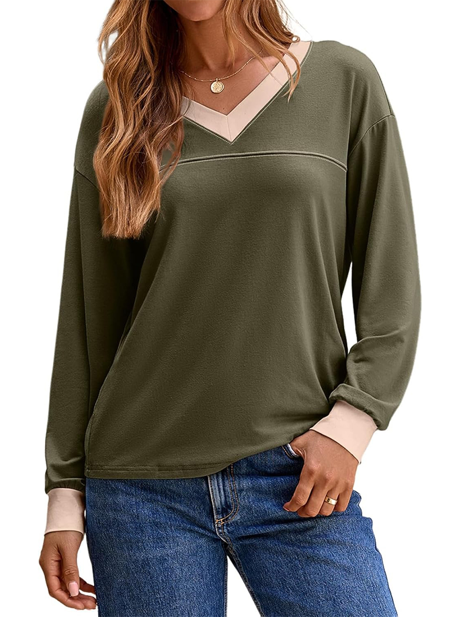 HOT SALE Women's Long Sleeve Casual Soft V Neck Oversized T Shirts