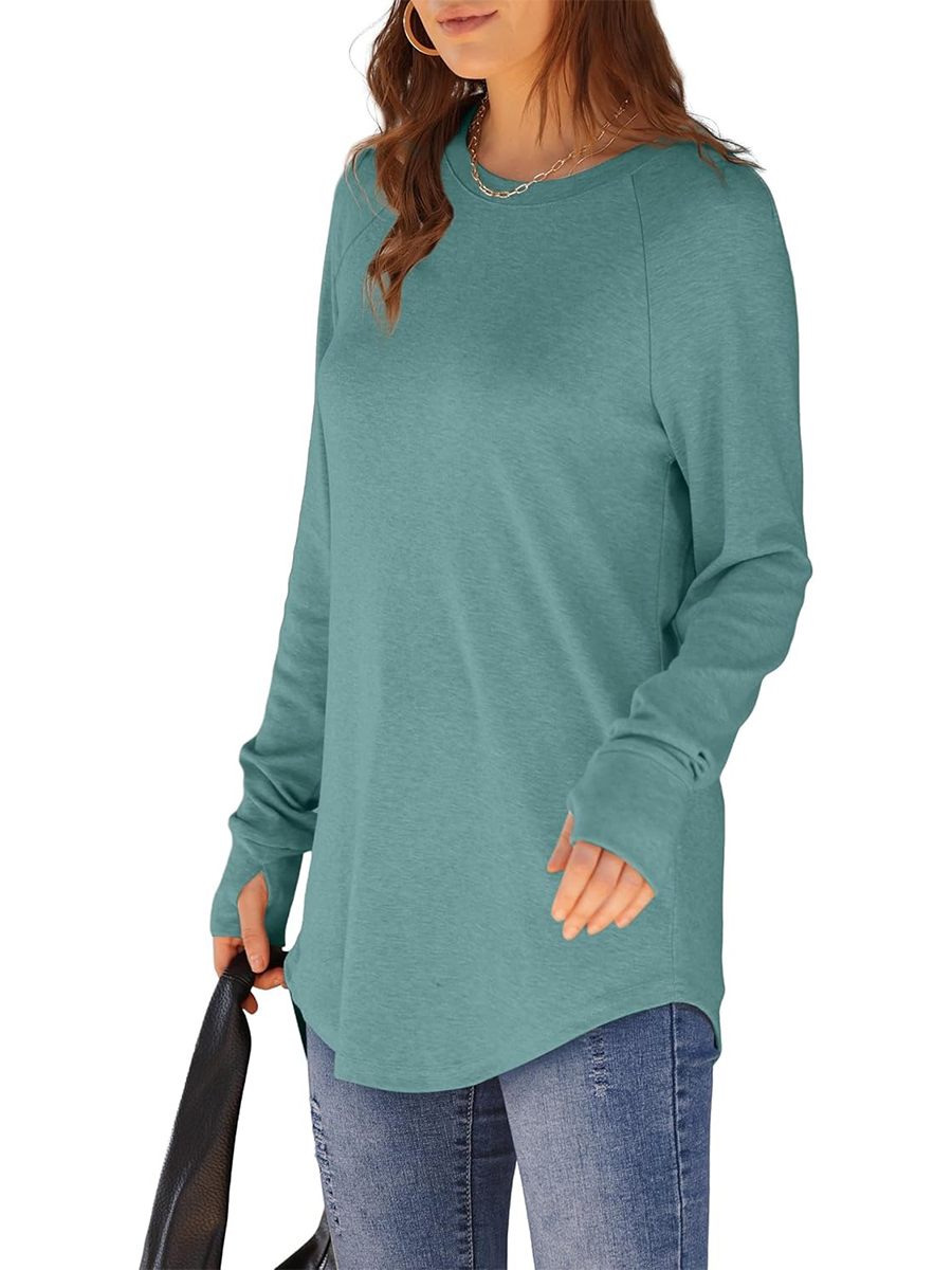 Women's Crew Neck Long Sleeve Thumb Hole Shirts Basic Top