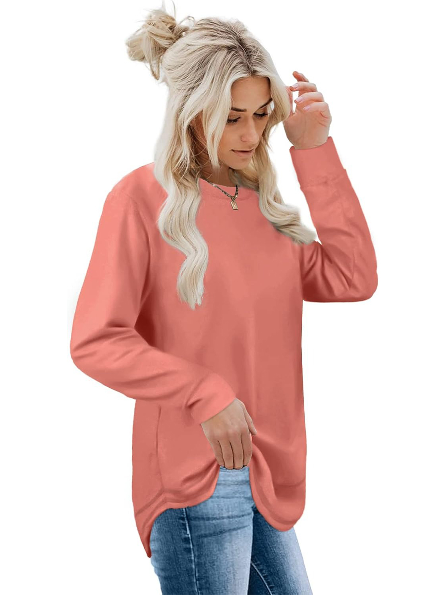 HOT SALE Women's Crewneck Long Sleeve Sweatshirt Curved Hem Tunic Tops