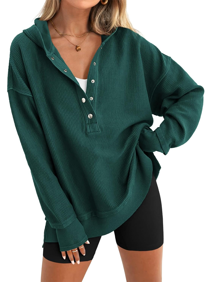 Women's Oversized Button Down V Neck Sweatshirt Side Slit Hoodie