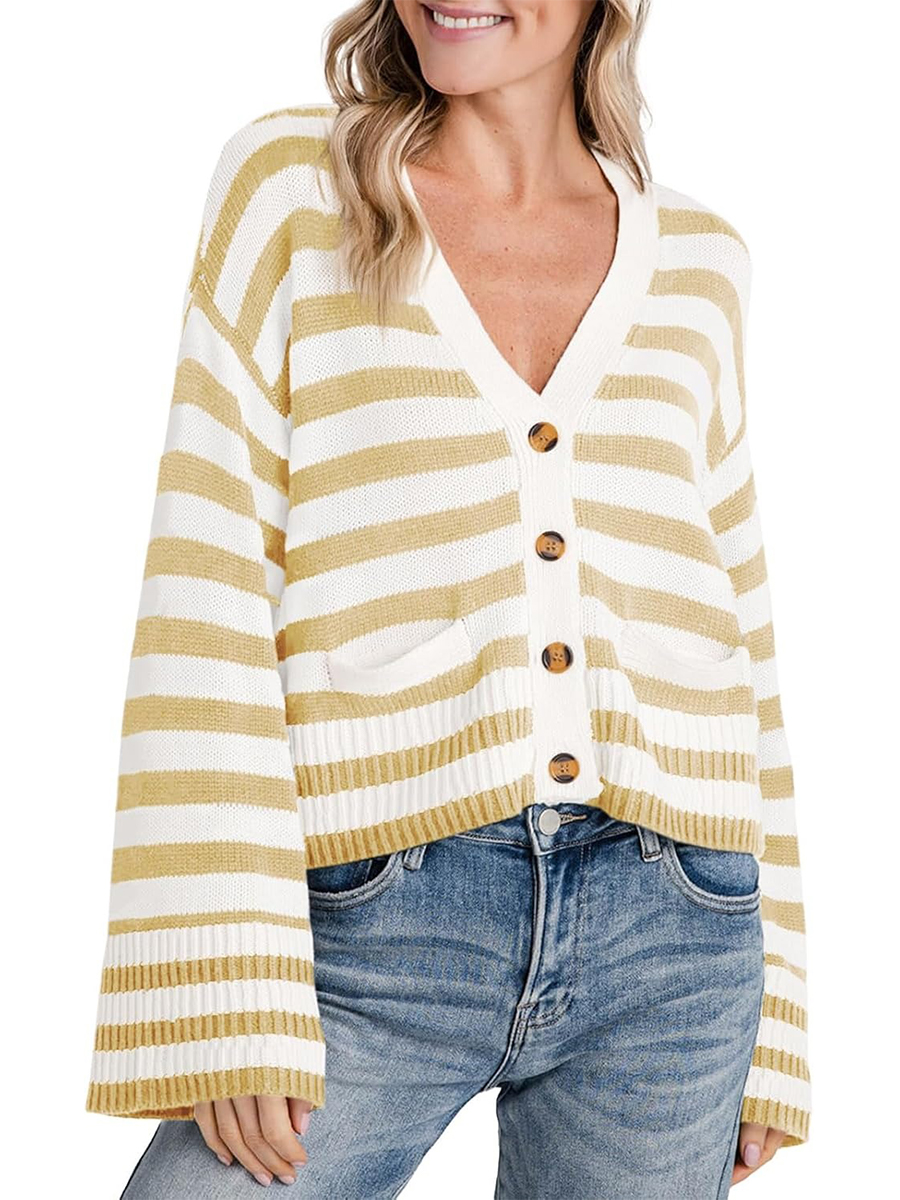 Women's Striped Cropped Button Open Front Long Sleeve Knit Cardigan Sweater