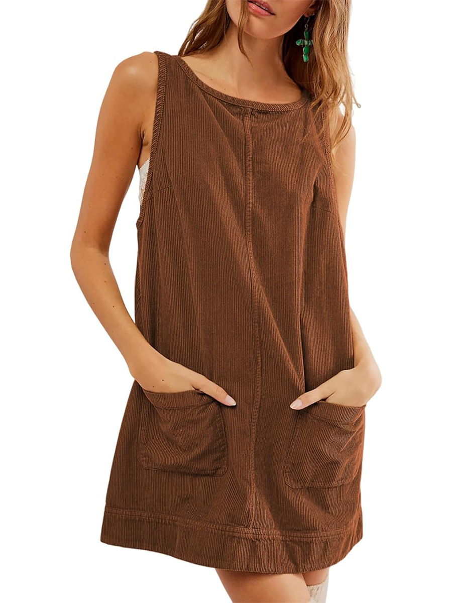 Women's Corduroy Round Neck A Line Overall Dress with Pockets