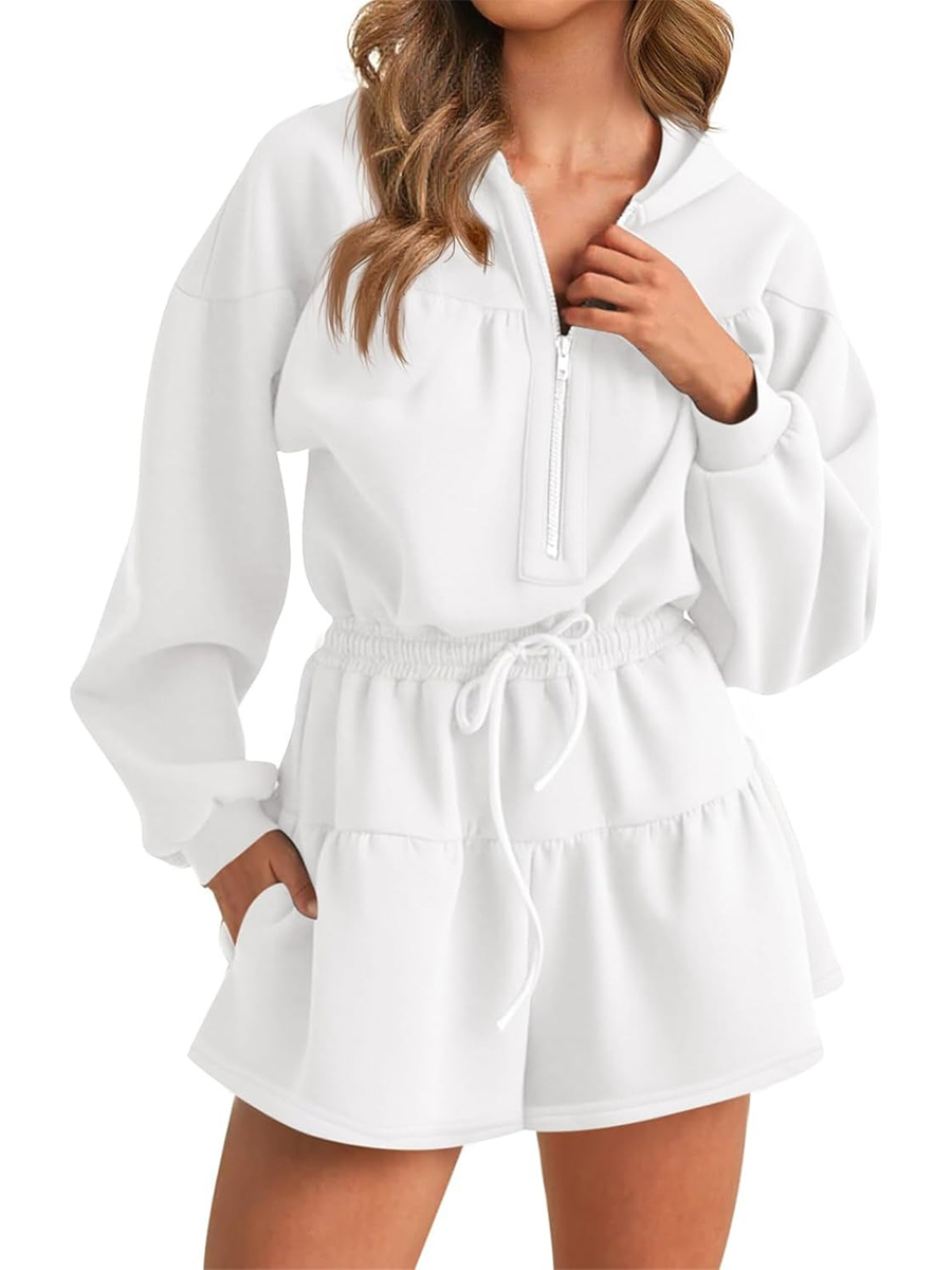 Women's Half Zip Long Sleeve Hoodies Drawstring Shorts Rompers 