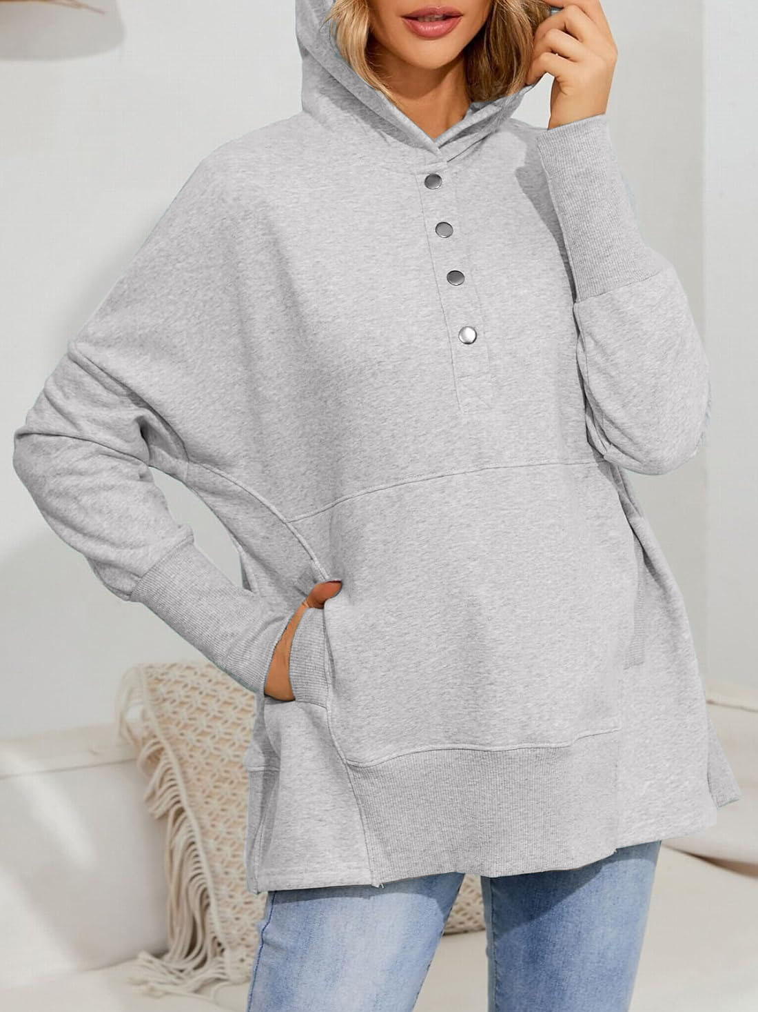 HOT SALE Women's Lightweight Button Collar Long Sleeve Sweatshirt With Pocket
