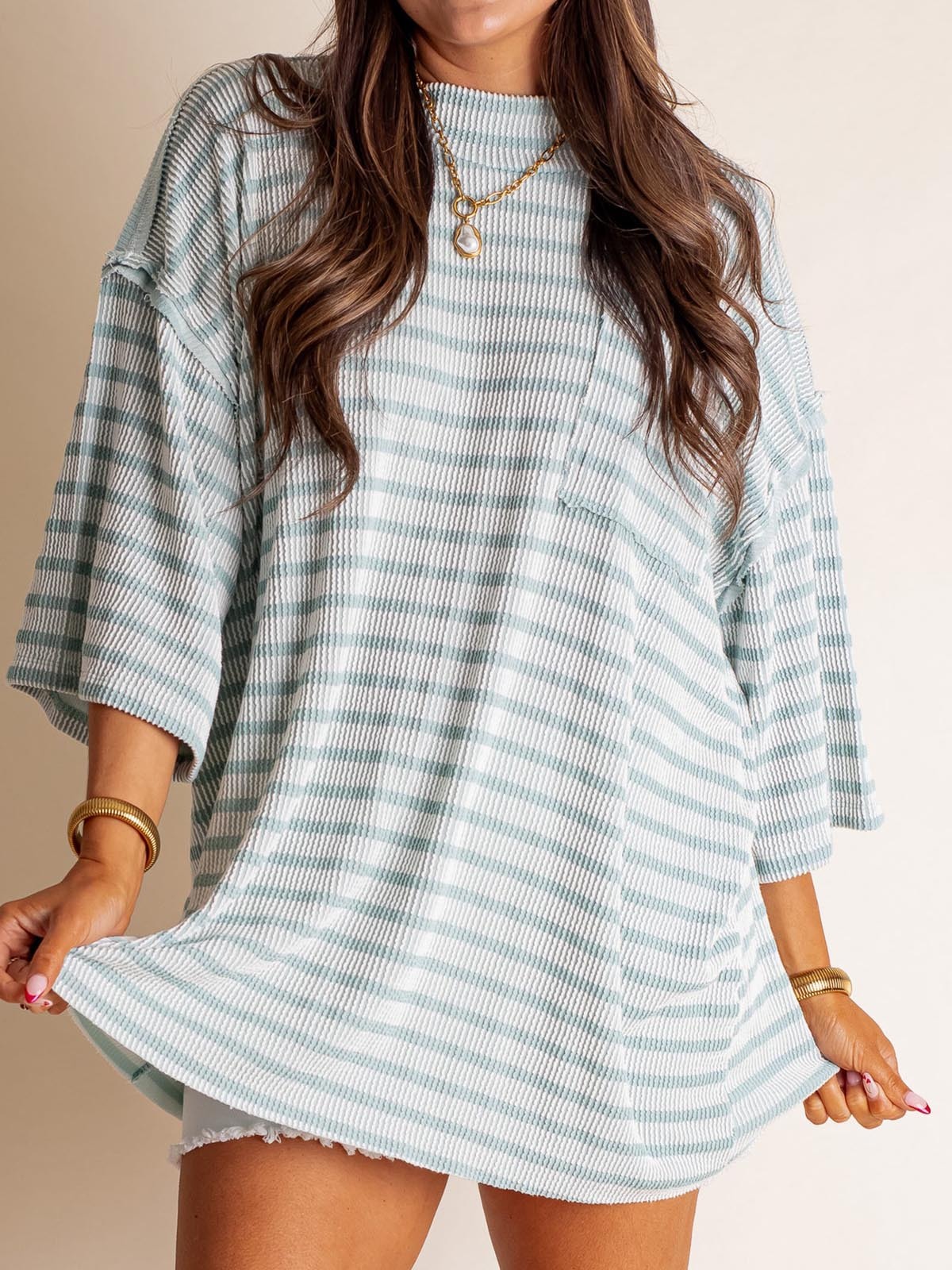 Only Go Forwards Oversized Striped Top Ribbed Short Sleeves