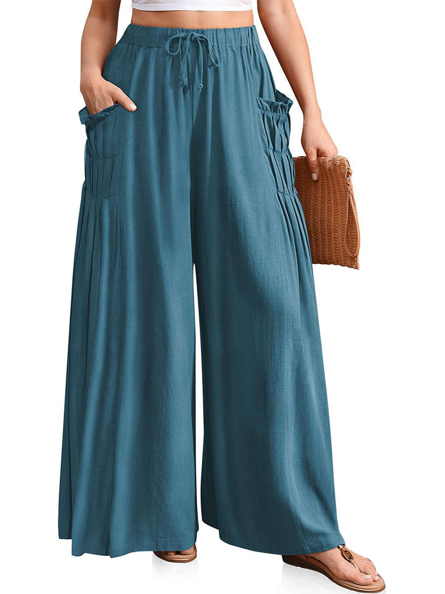Women's Linen Pleated Drawstring Casual Palazzo Pants