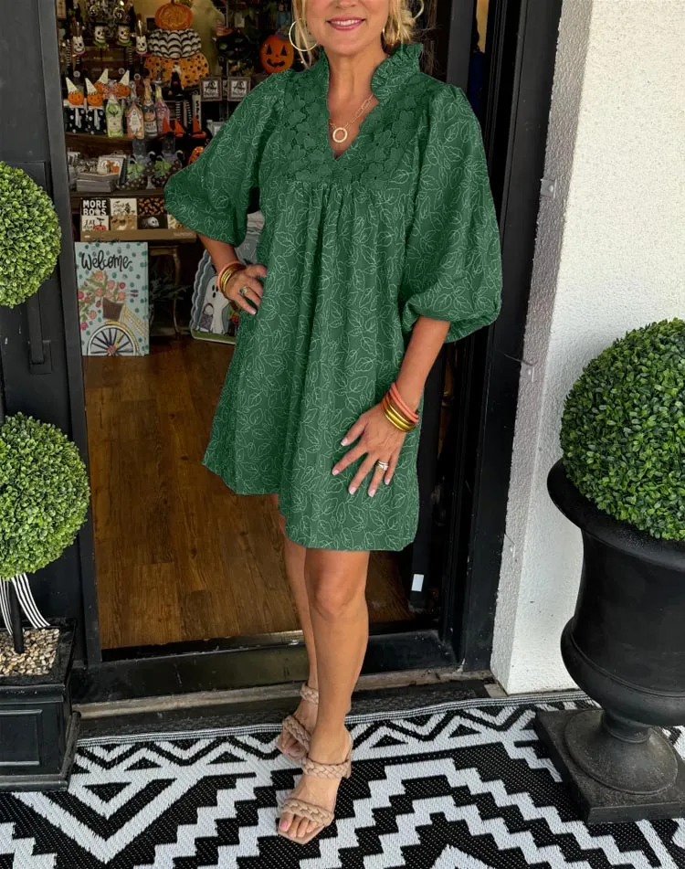 Women's Puff Sleeve Leaf Print Dress (Buy 2 Free Shipping)