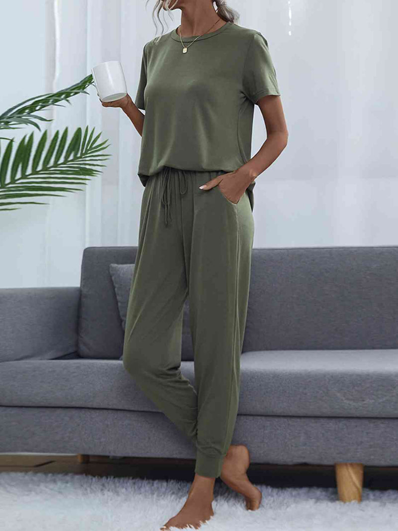 Women's Round Neck Short Sleeve Top and Pants Set