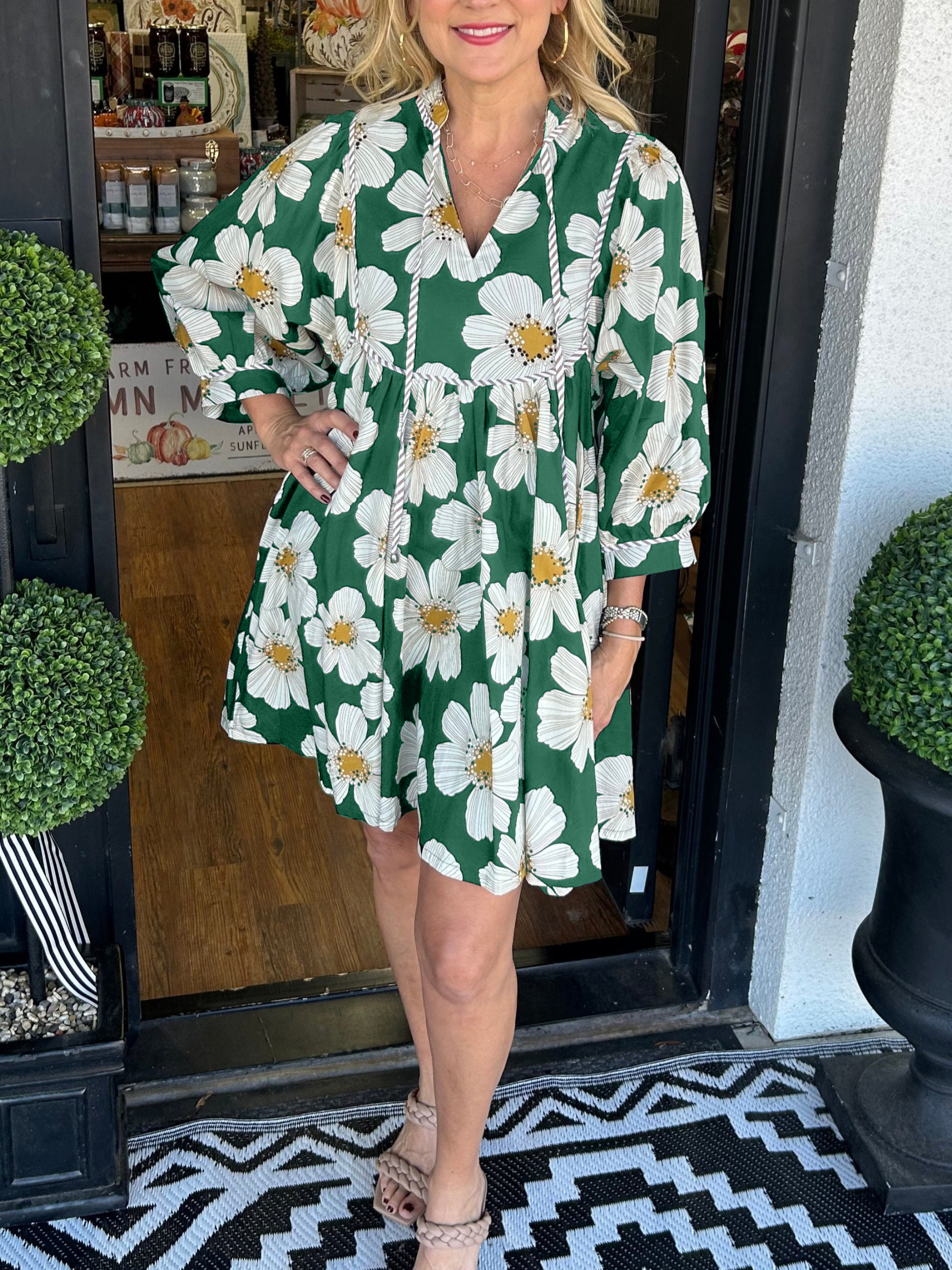 Women's 3/4 Sleeve Floral Mini Dress With Pockets (Buy 2 Free Shipping)