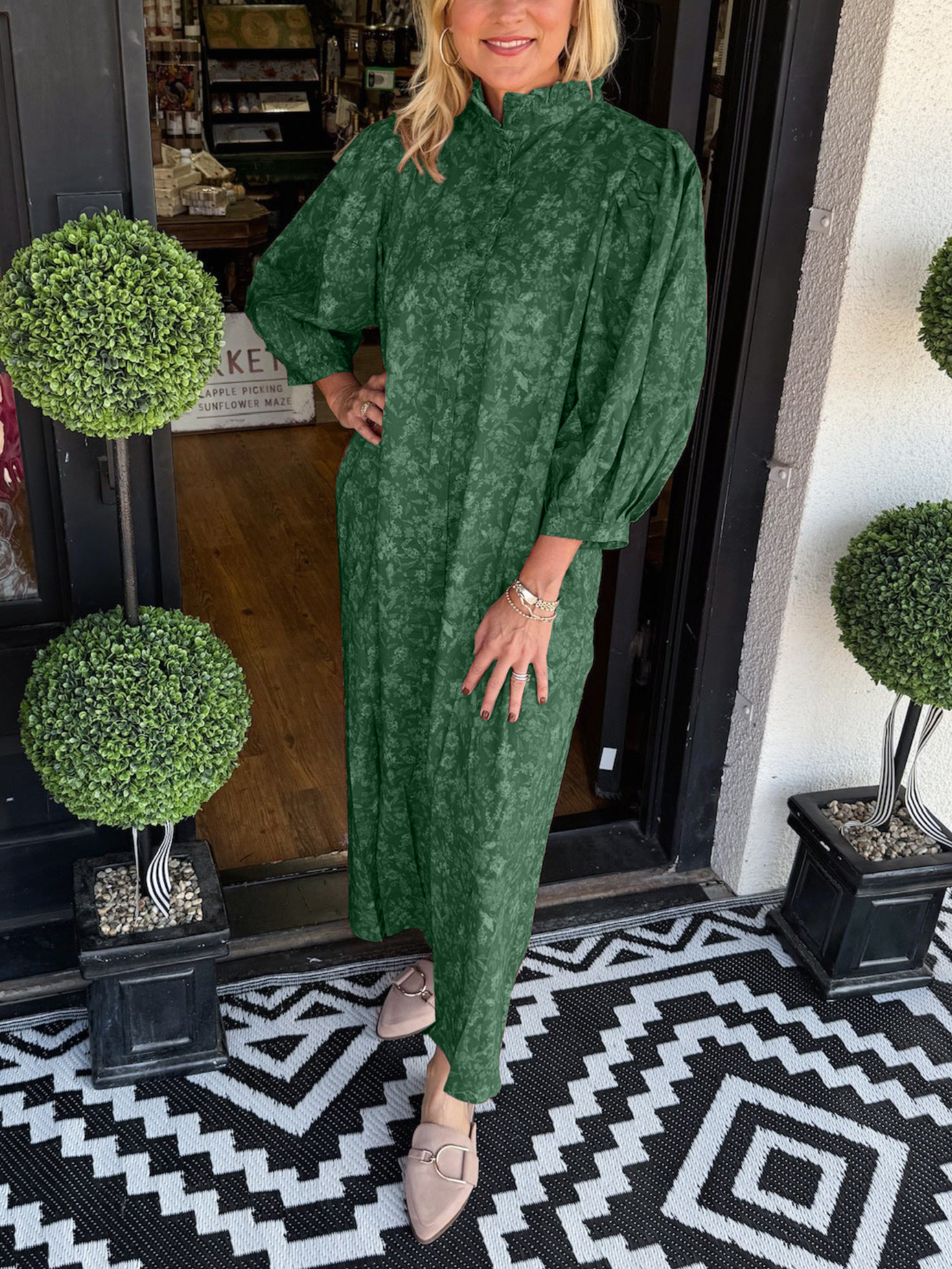 Floral Puff Sleeve Buttoned Maxi Dress (Buy 2 Free Shipping)