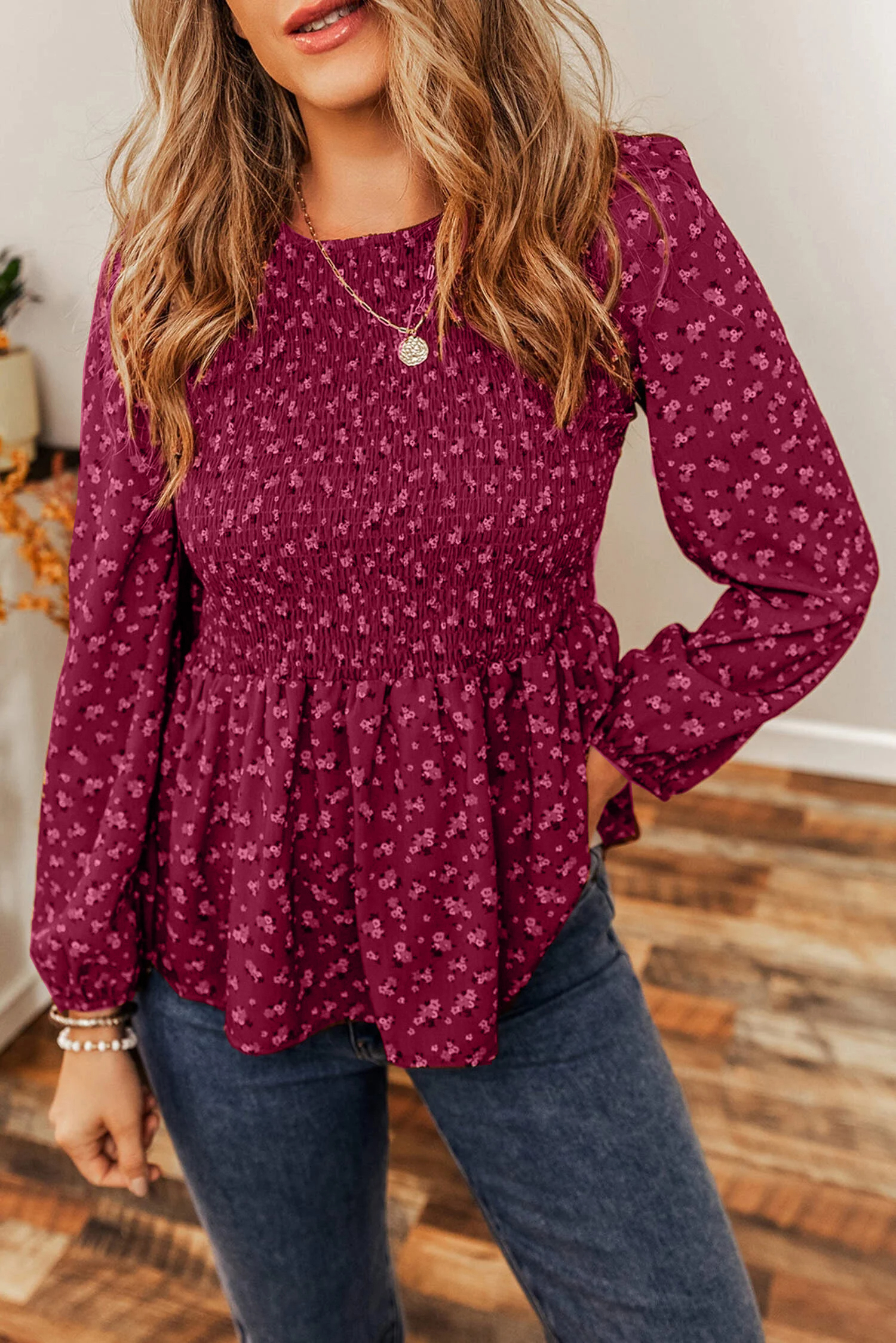 Ditsy Floral Print Boho Smocked Ruffled Peplum Blouse(Buy 2 Free Shipping)
