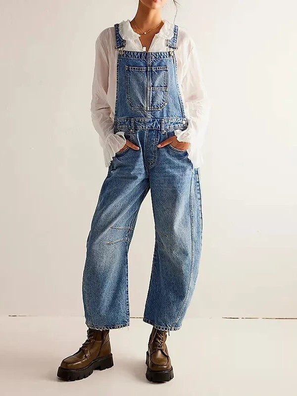 HOT SALE Women's Denim Bib Overalls Barrel Leg Adjustable Strap