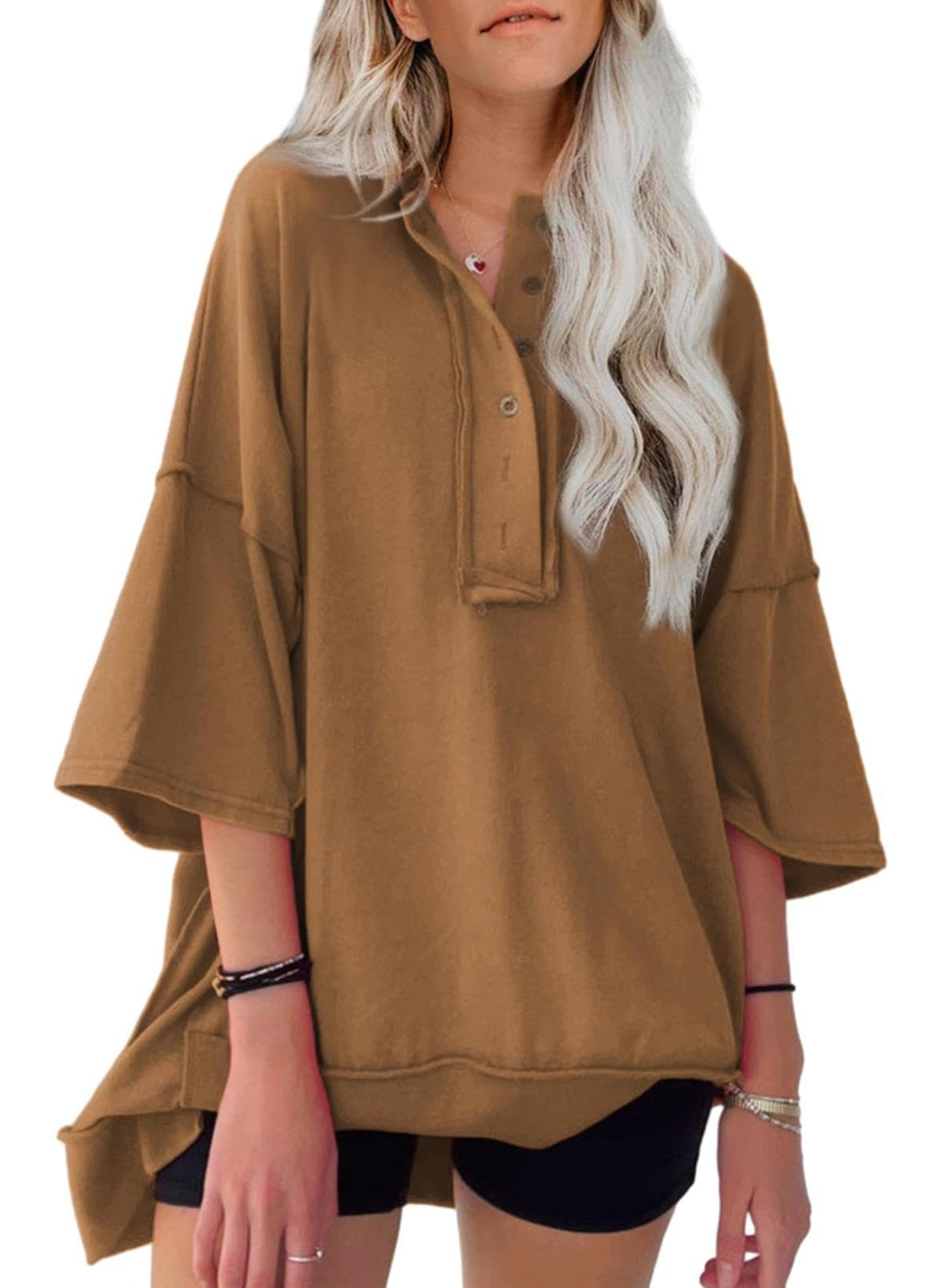 NEW🔥 Women's  Oversized T Shirts Casual Short Sleeve Henley Neck Tees(BUY 2 FREE SHIPPING)
