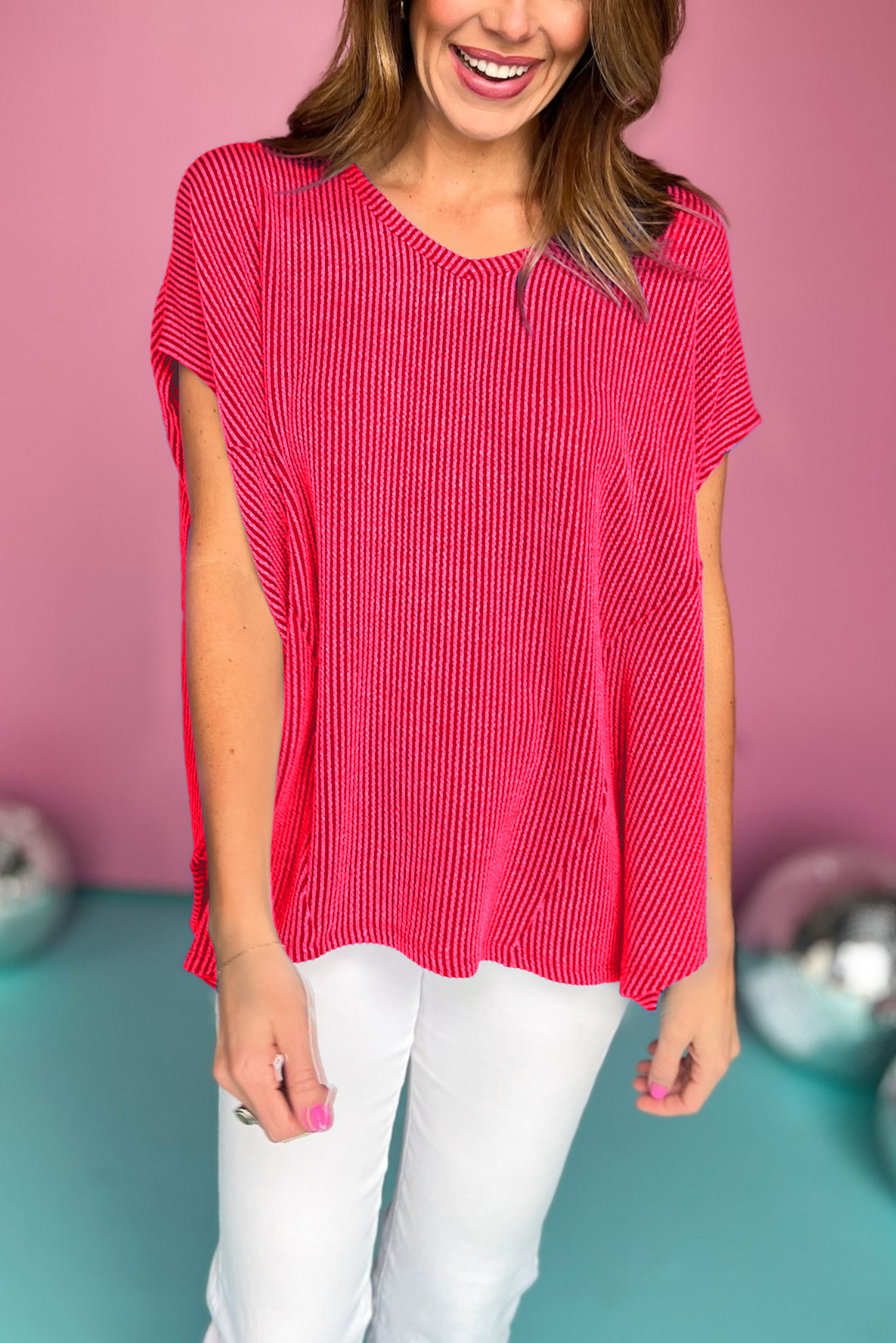Corded V Neck Handkerchief Hem Top