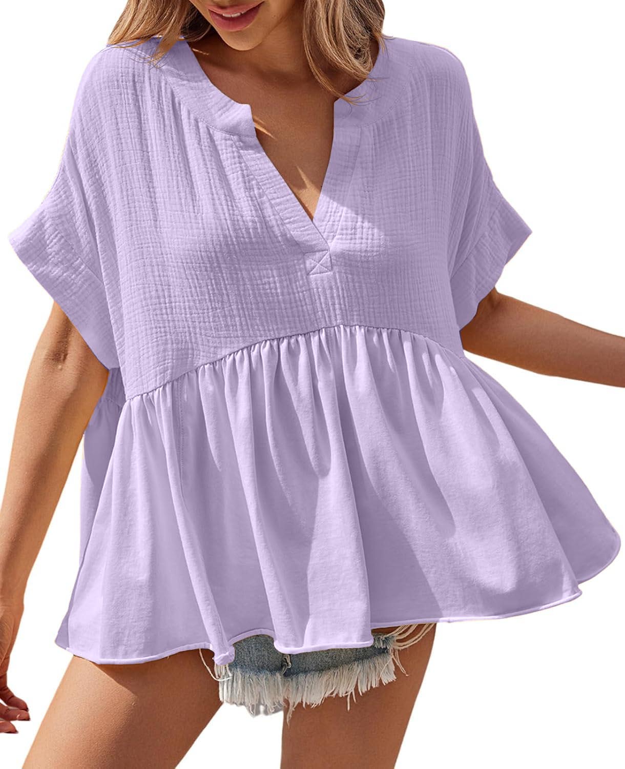 Womens V Neck Short Sleeve Pleated Flowy Shirts Peplum Blouse
