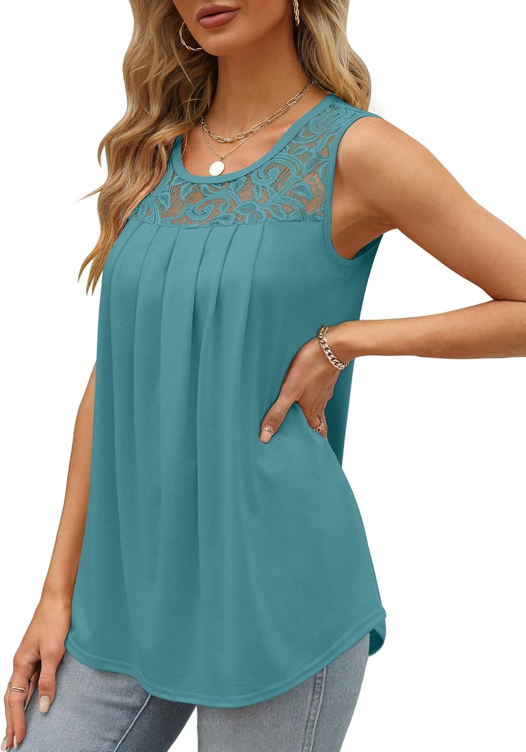 Women's Loose Fit Pleated Scoop Neck Sleeveless Lace Tank Tops (Buy 3 Free Shipping)