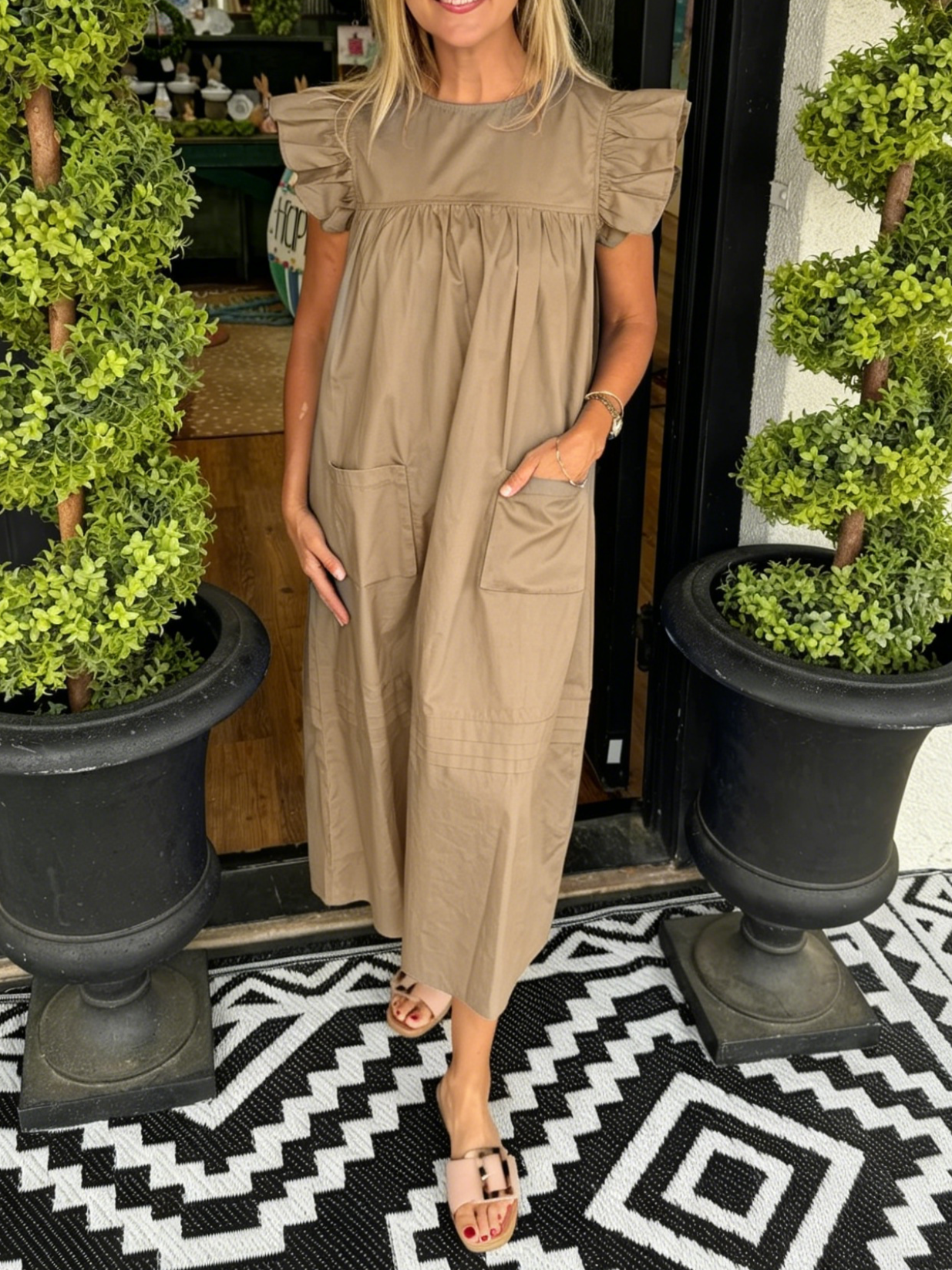 Women's Flutter Sleeve Pocket Midi Shift Dress