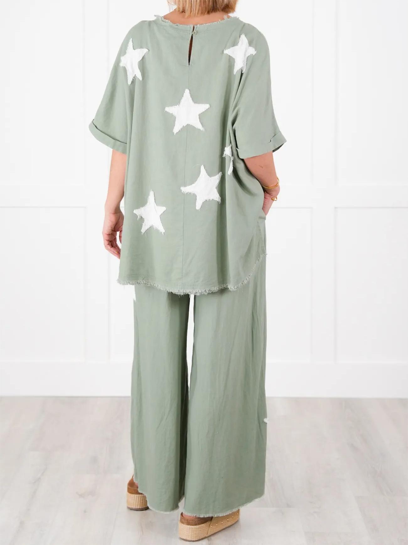 Women's Short Sleeve Top And Wide Leg Pant Set With Star Patch Detail(50% OFF🔥)