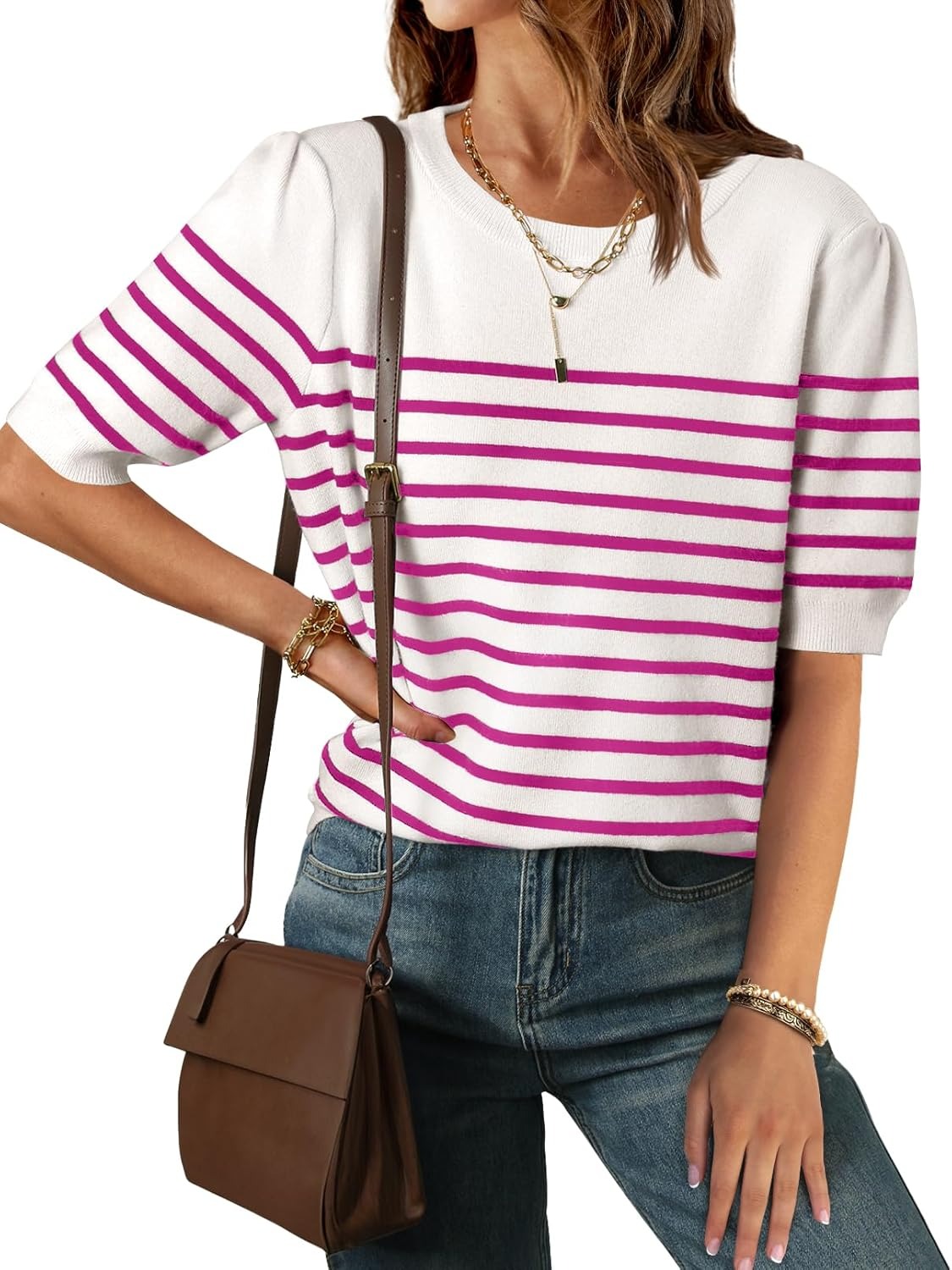 Women's Casual Striped Puff Sleeve Knit T-Shirts Top