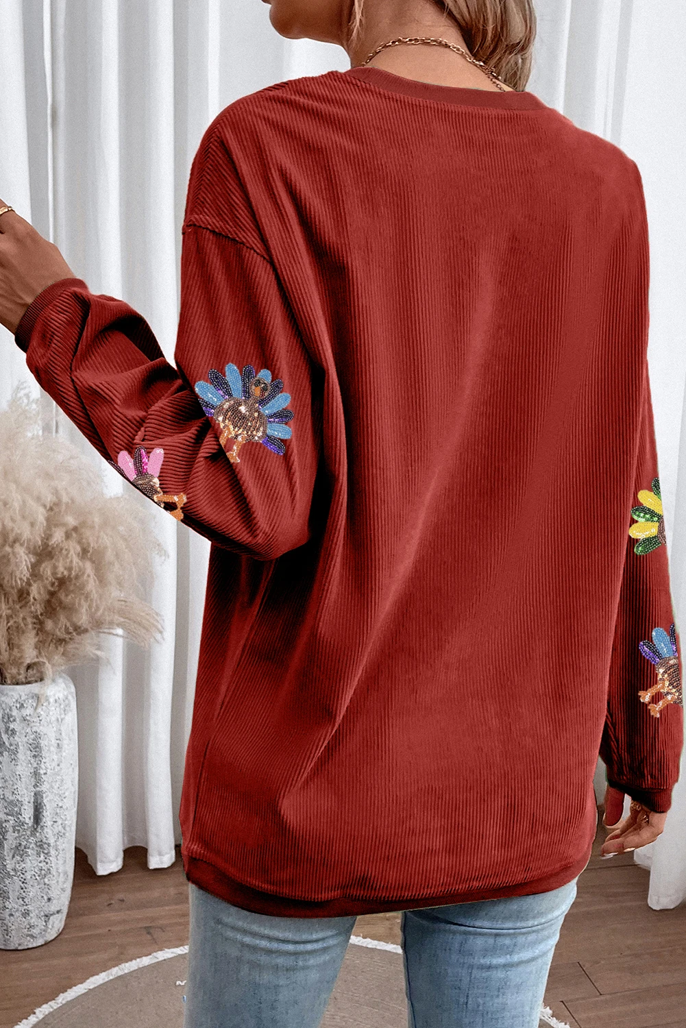 Women's Corded Ribbed Crewneck Turkey Graphic Sweatshirt