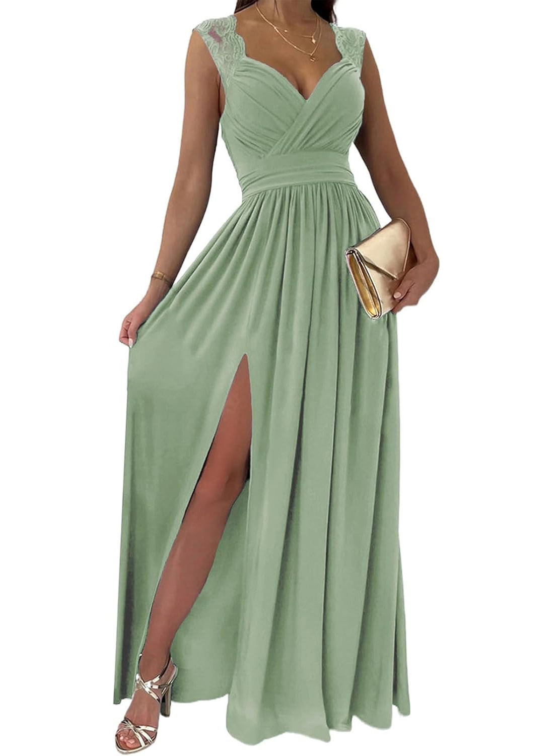 Women's Wrap V-Neck Lace Strap Ruched Sexy Maxi Dress