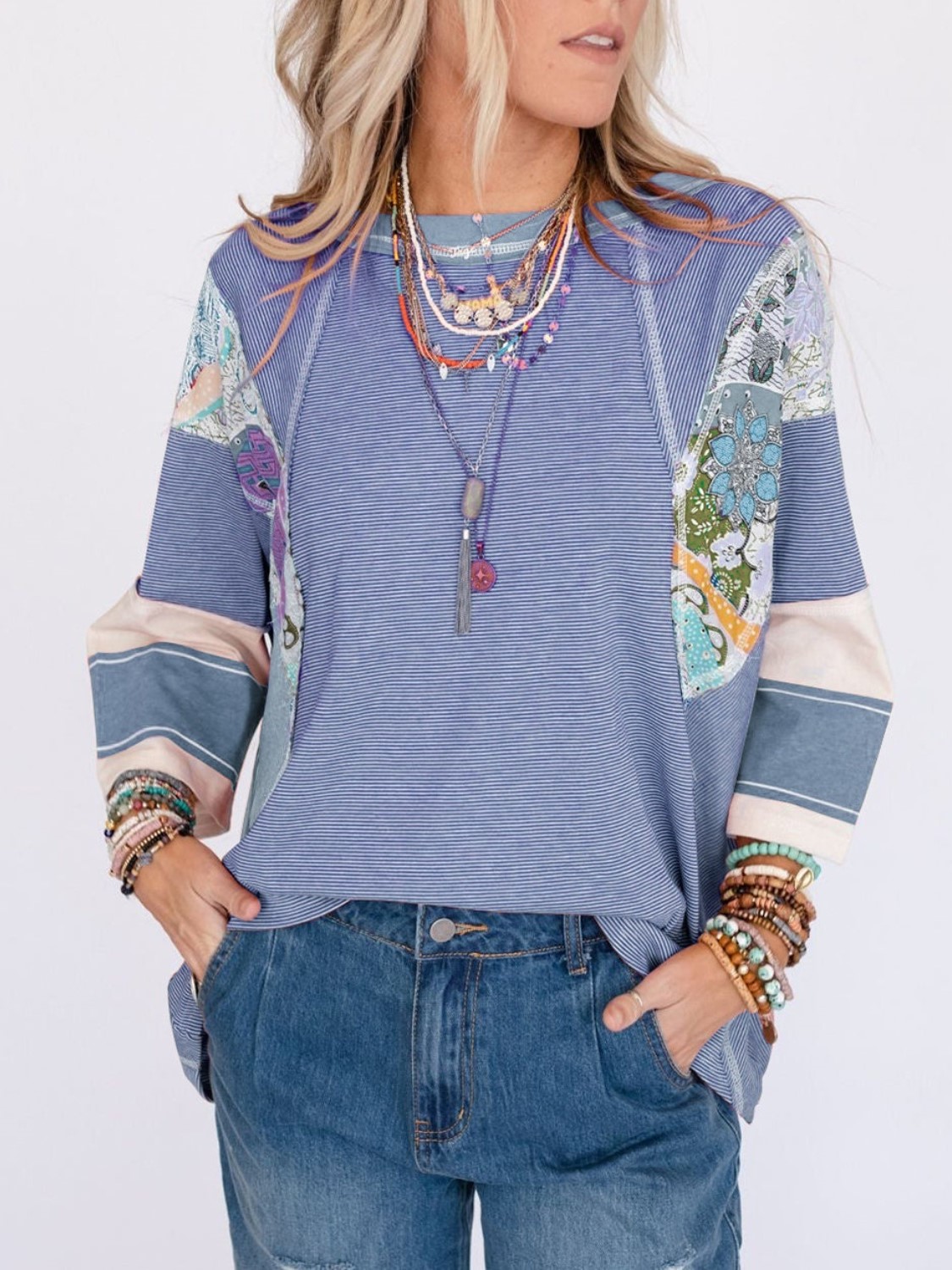 Women's Casual Striped Floral Print Patchwork Oversized 3/4 Sleeve Top