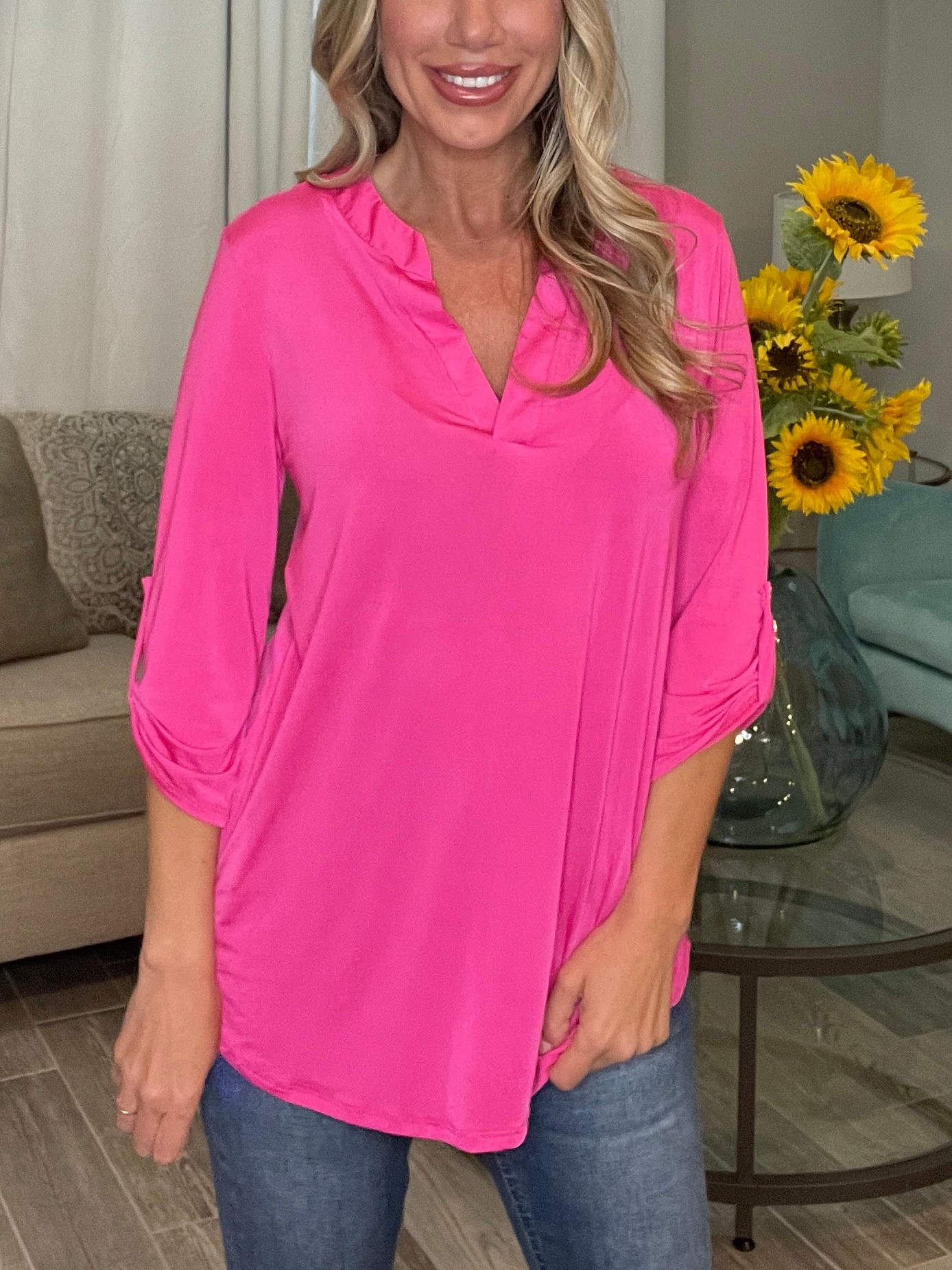 V Neck Satin 3/4 Sleeve Button Blouse 