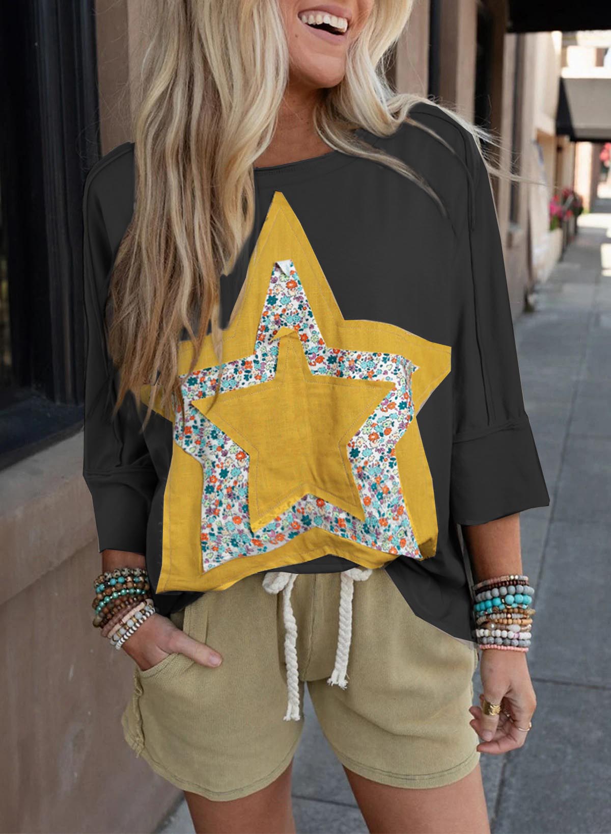 Floral Star Patched Exposed Seam 3/4 Sleeve Top