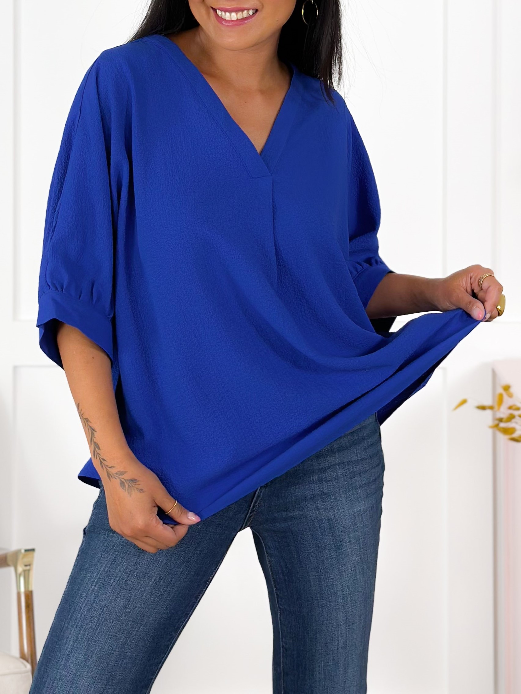 Textured Solid Dolman Sleeve V Neck Blouse