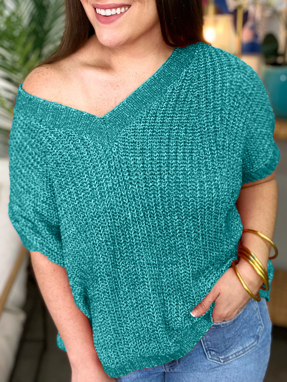 2024 Oversized Knitted V-neck Short Sleeve Top