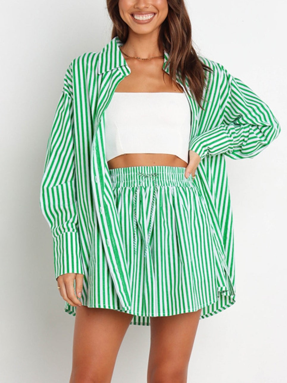 HOT SALE Striped Dropped Shoulder Shirt and Shorts Set