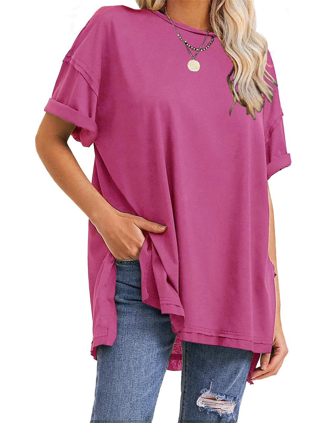 HOT SALE Oversized Crewneck Loose Side Slit Plus T-shirts 